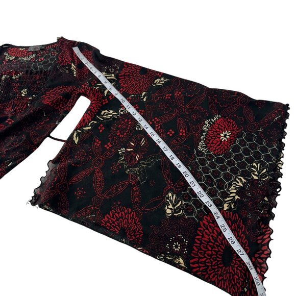 MCM Y2K Vintage Women Black & Red Floral Goth Top SZ XL Bell Asymmetric Sleeve - Picture 7 of 16